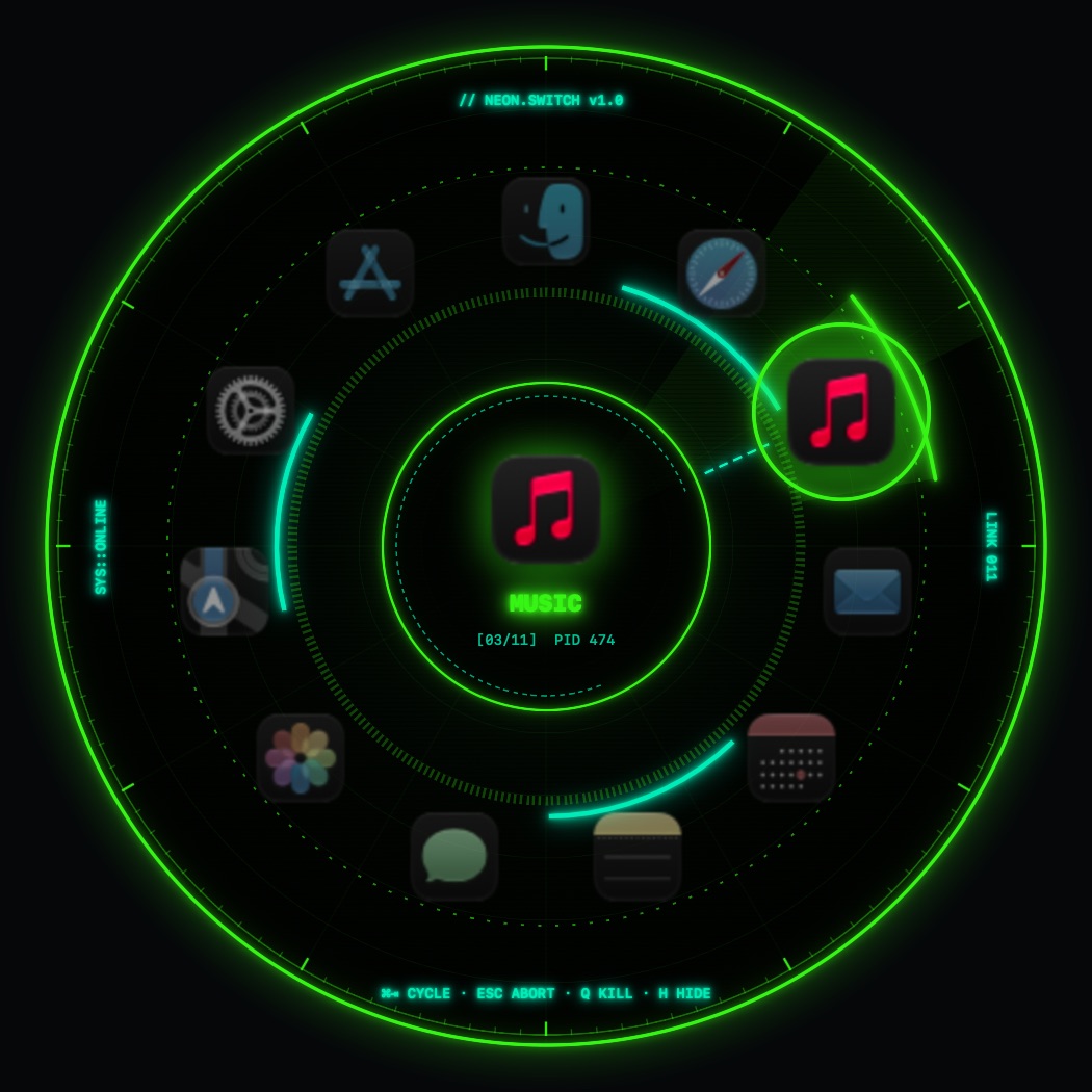 NeonSwitch circular app switcher with the Toxic Green theme